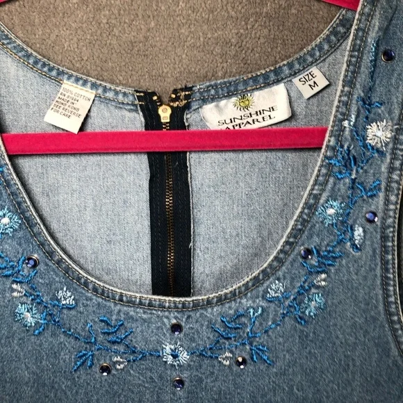 Vtg Sunshine Apparel cottagecore Denim Y2K Floral Embroidered maxi dress size M - Picture 4 of 8